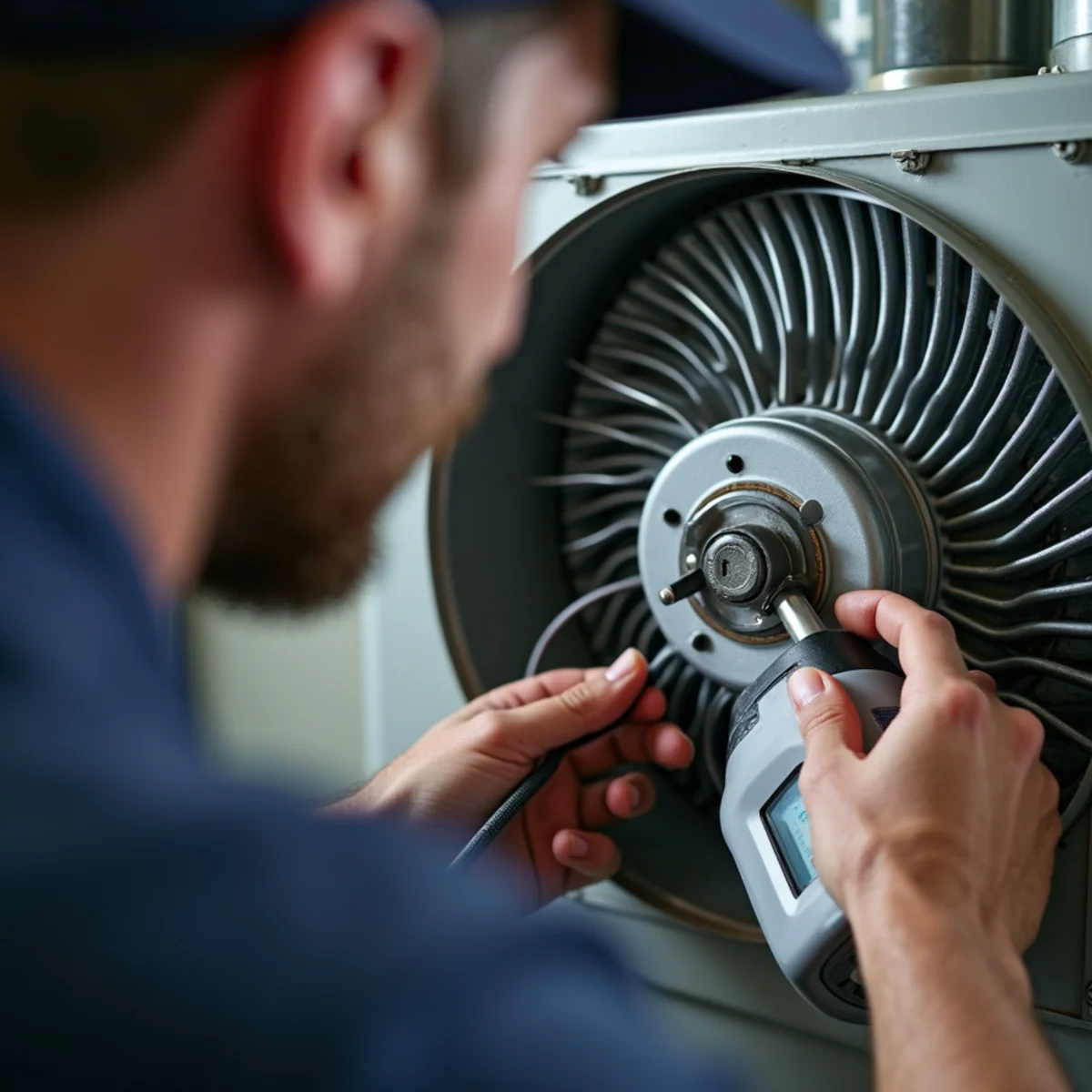Technician spraying specialized foaming coil cleaner to dissolve dirt and pine pollen on condenser fins