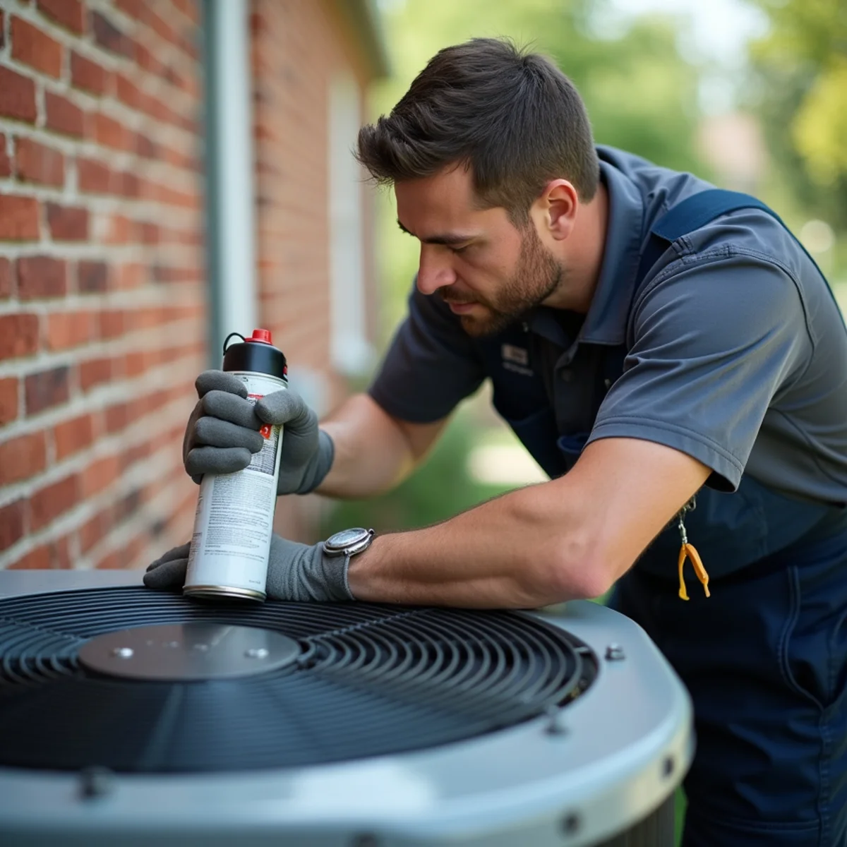 HVAC technician cleaning condenser coils and performing annual AC tune-up in Dunn NC