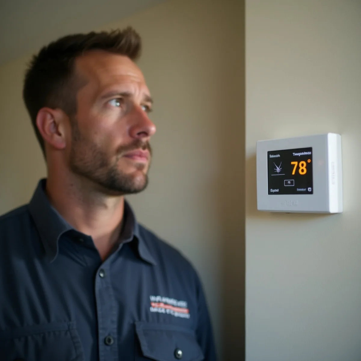 HVAC technician checking air conditioner outdoor disconnect and breaker box in Dunn NC