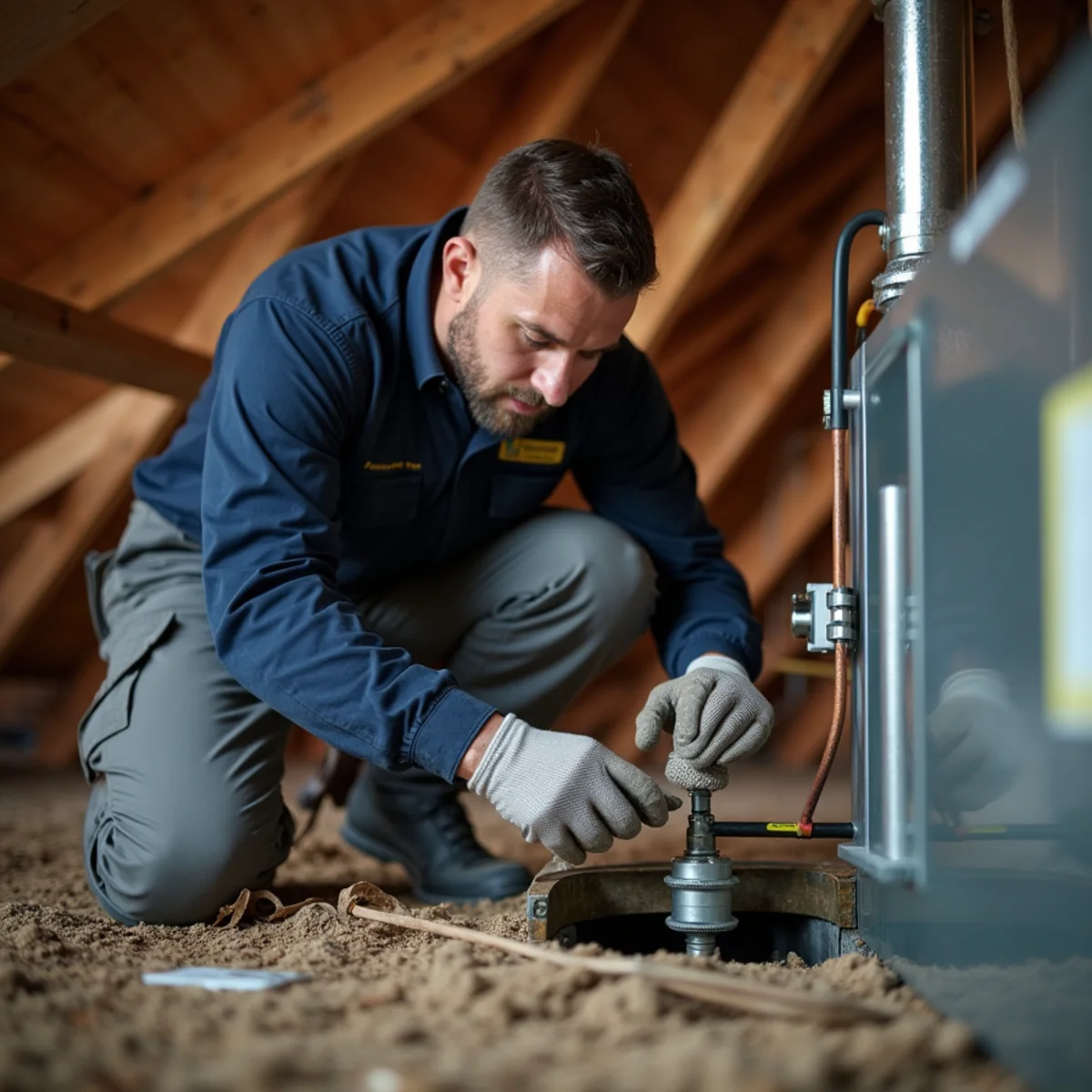 HVAC technician inspecting condensate drain line and safety float switch in crawl space