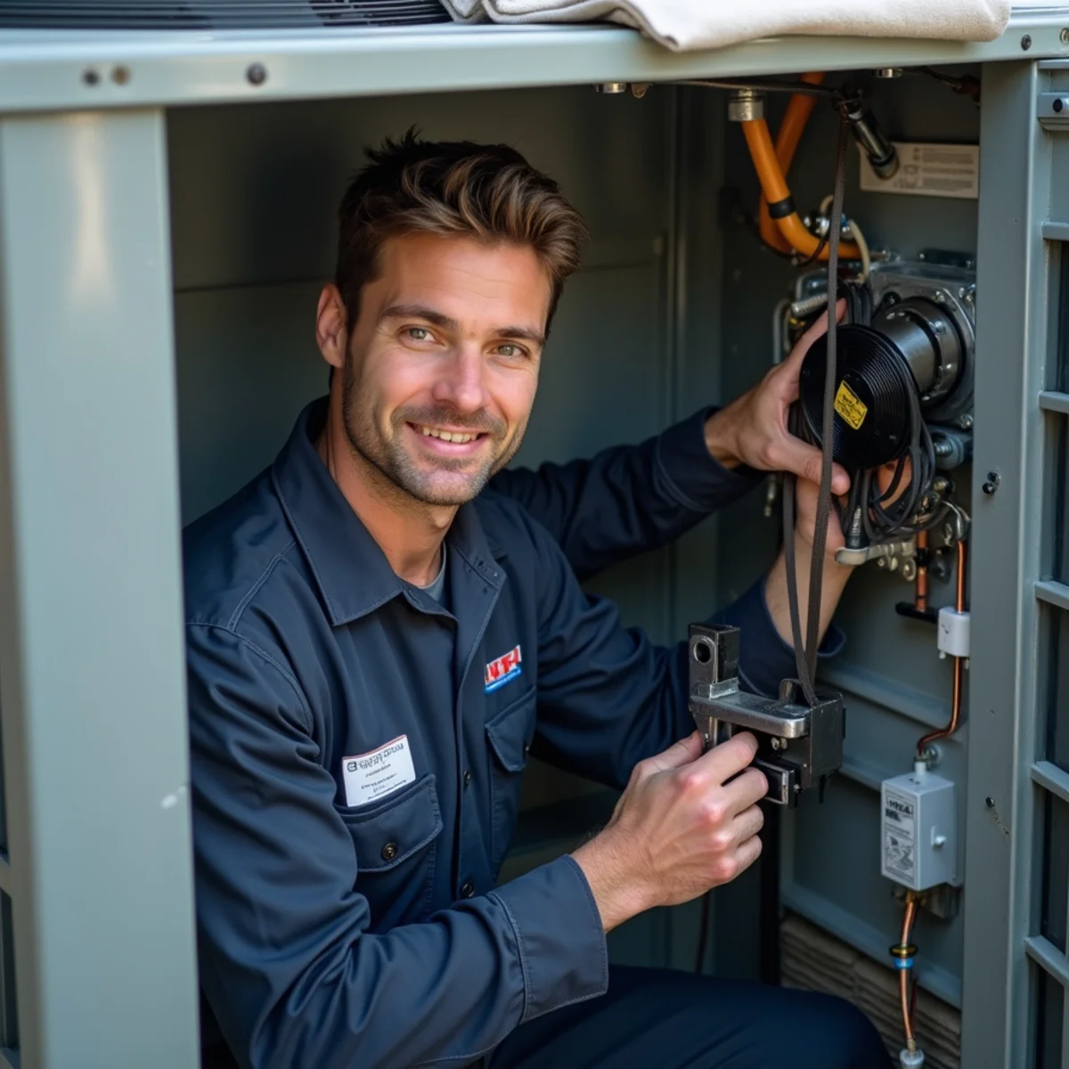 Commercial HVAC technician checking belt tension and blower motor on commercial RTU