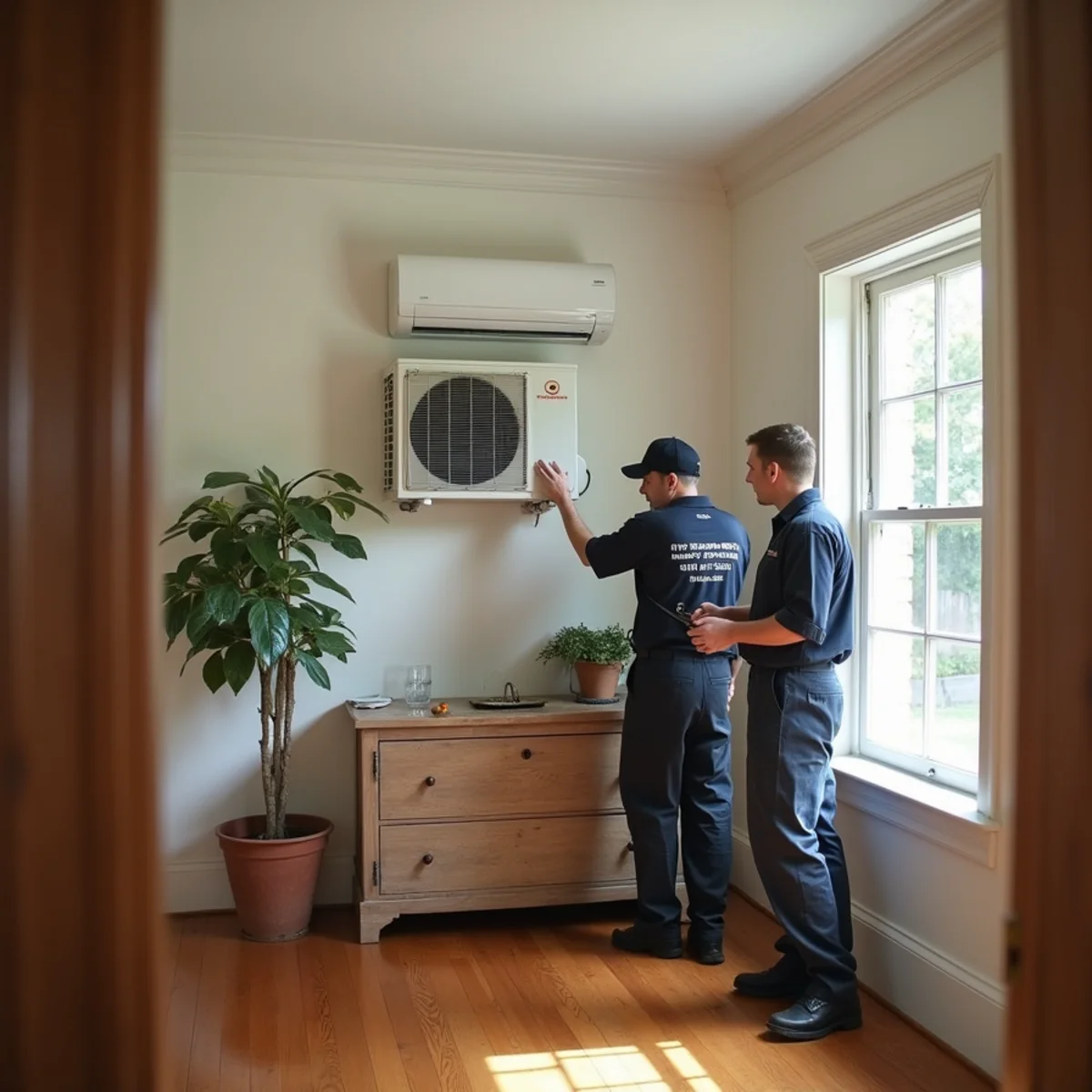 Modern ductless mini-split air conditioner mounted in a renovated historic North Carolina home