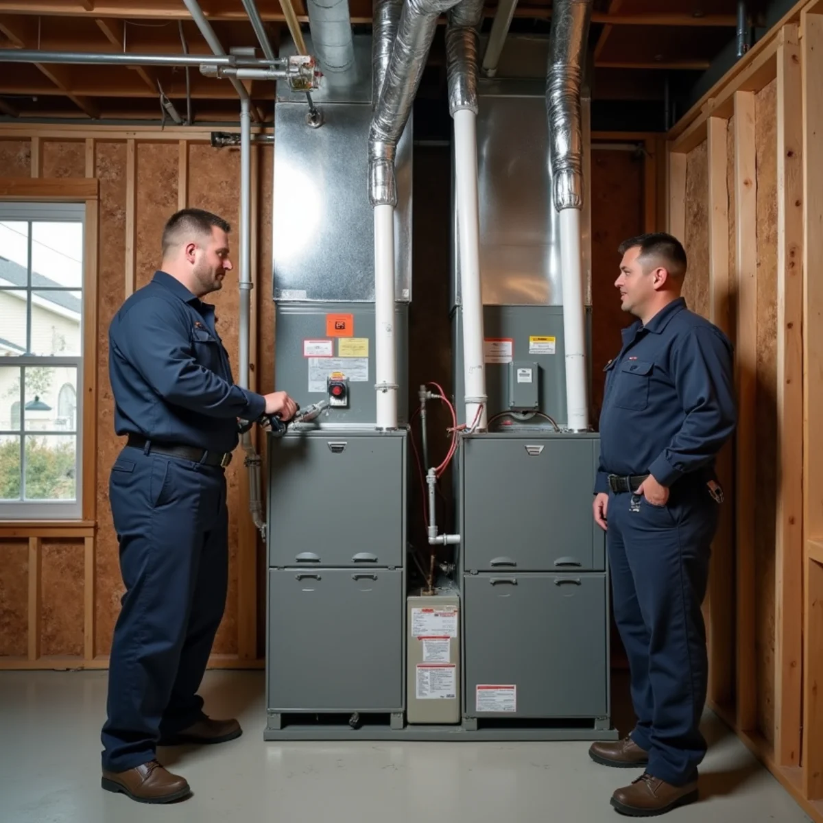 HVAC technician comparing gas furnace and electric heat pump installations in North Carolina
