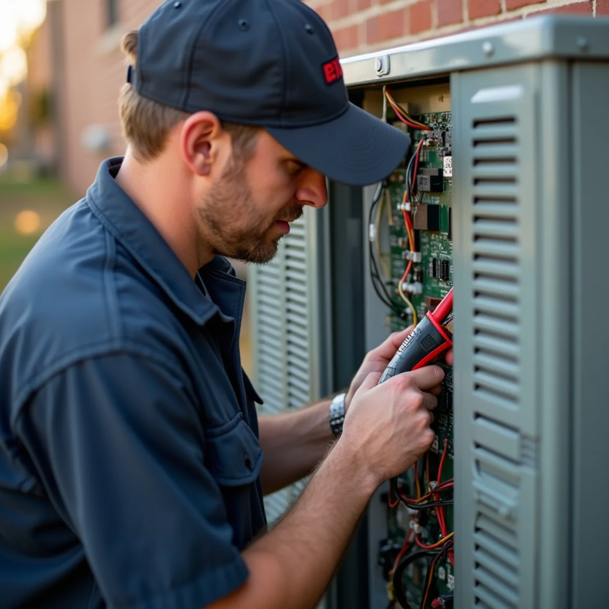 Technician using a multimeter to test voltage across heat pump defrost control board