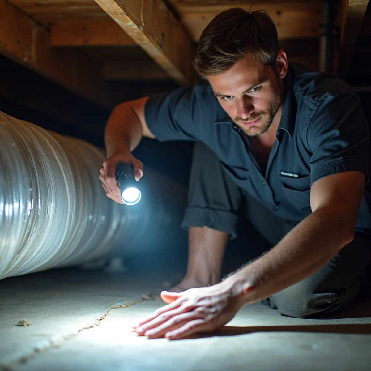 HVAC technician inspecting insulated flexible ductwork inside a Harnett County crawl space