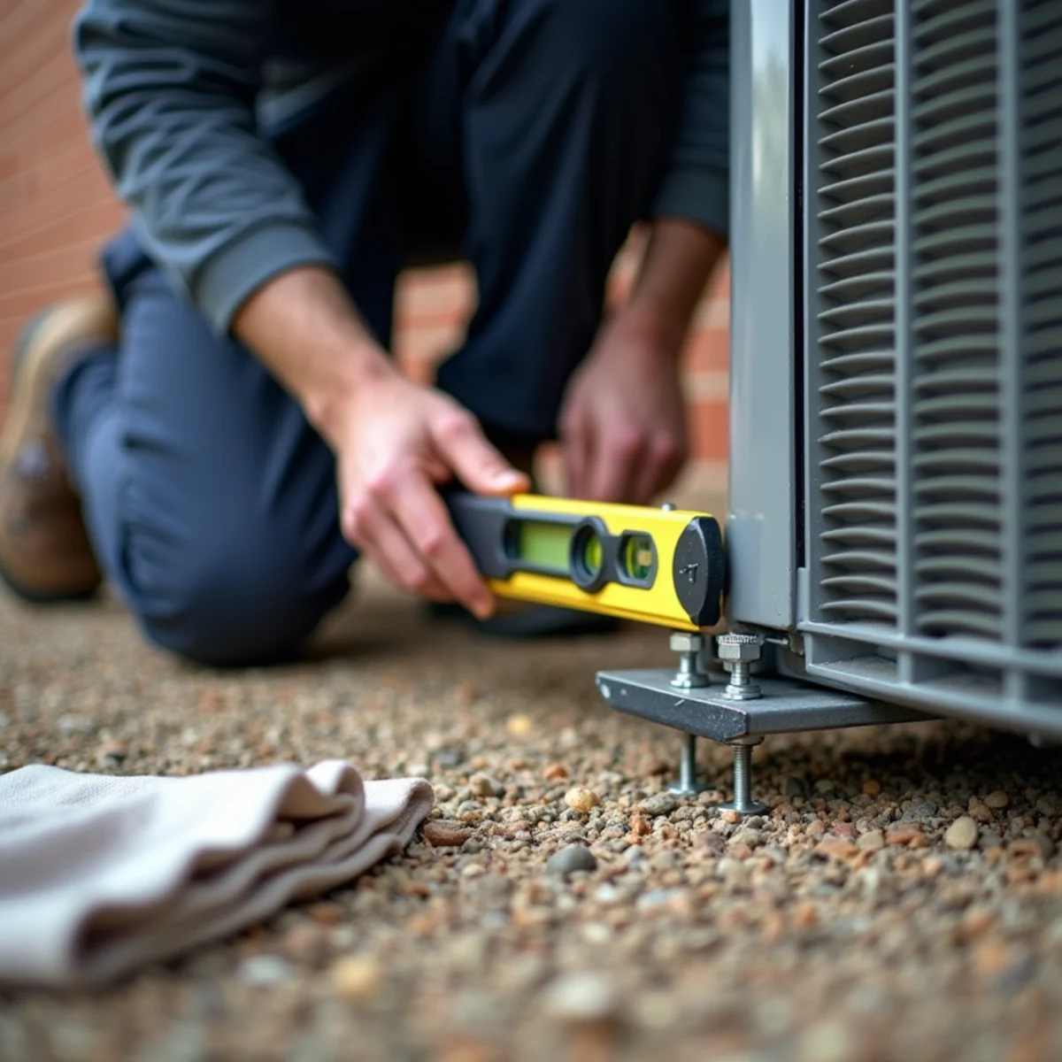 HVAC crew leveling composite equipment pad and setting new heat pump condensing unit