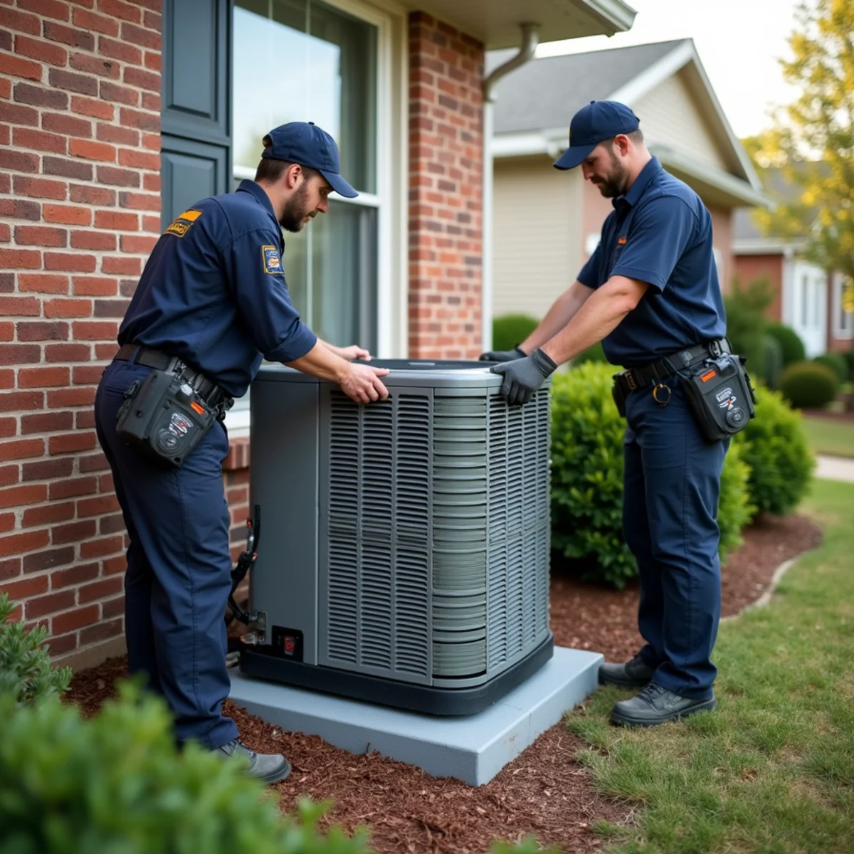 HVAC technicians installing a new energy-efficient heat pump system in Dunn NC