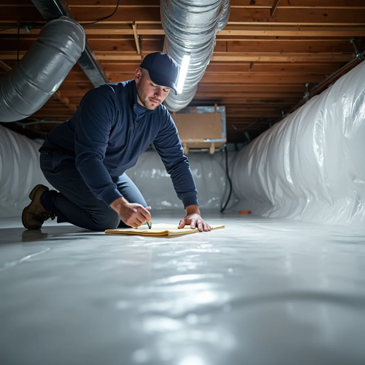 Commercial-grade crawl space dehumidifier operating on vapor barrier membrane