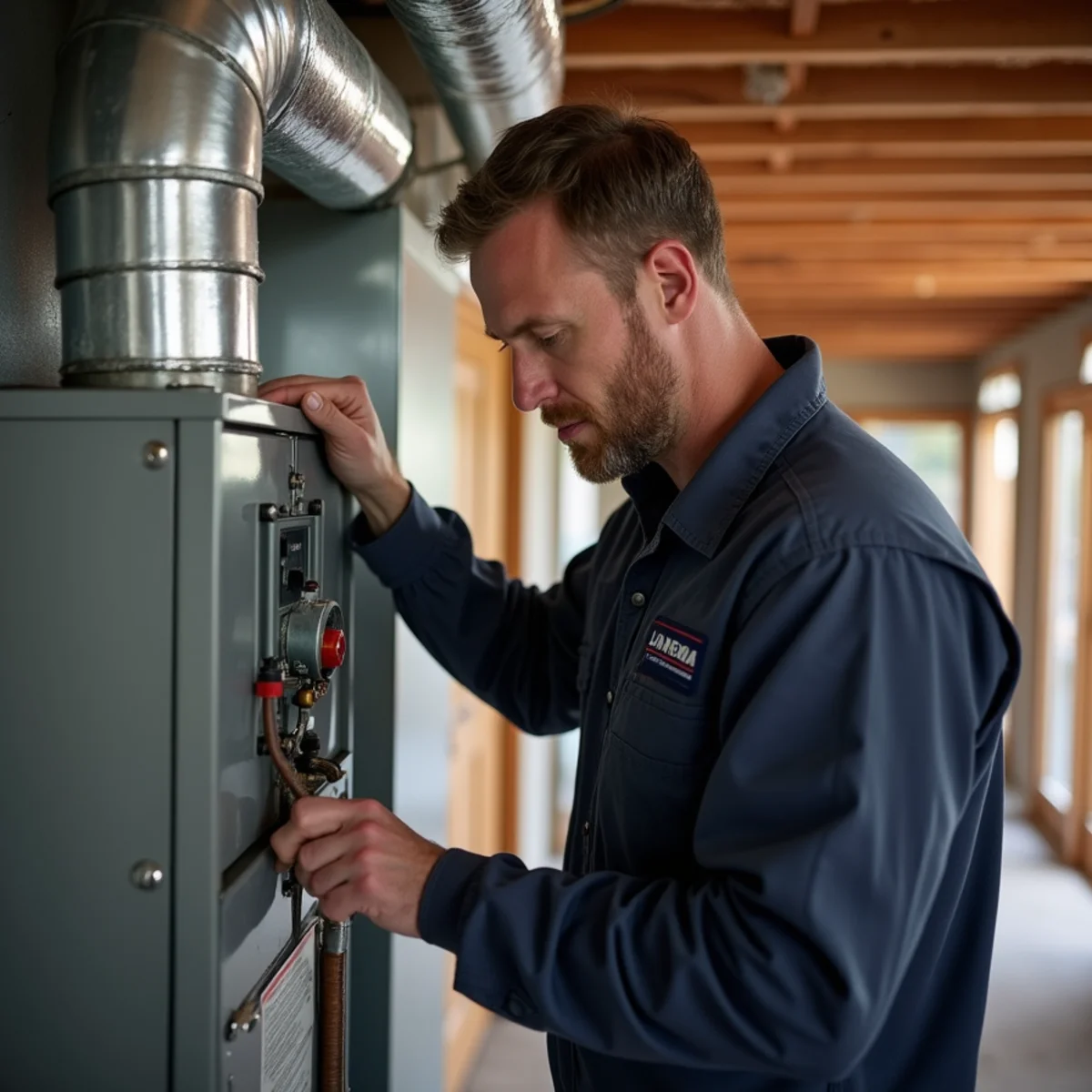 HVAC package unit servicing outside a manufactured home in rural Harnett County NC