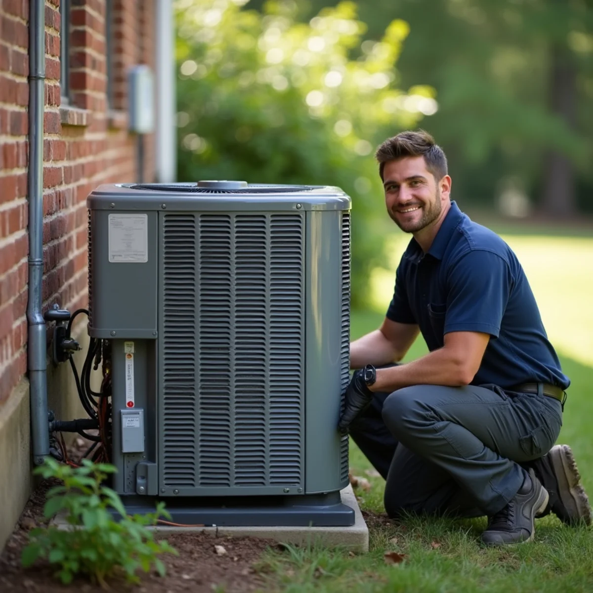 Elevated outdoor heat pump condenser on hurricane brackets in Smithfield NC near Neuse River