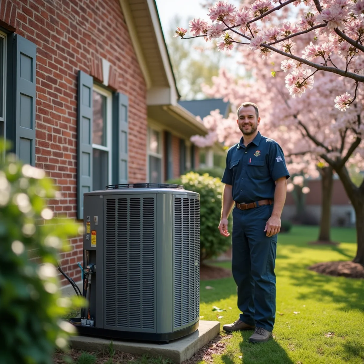 HVAC technician spraying and washing outdoor condenser coil during spring tune-up